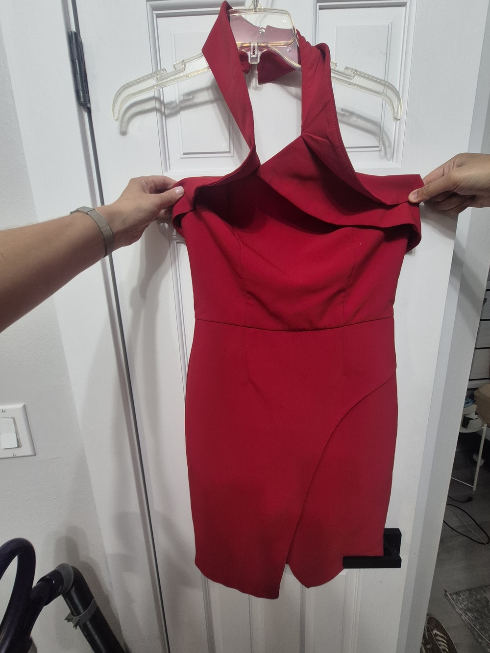 Adelyn Rae Crimson Halter Ruffle Wrap Dress